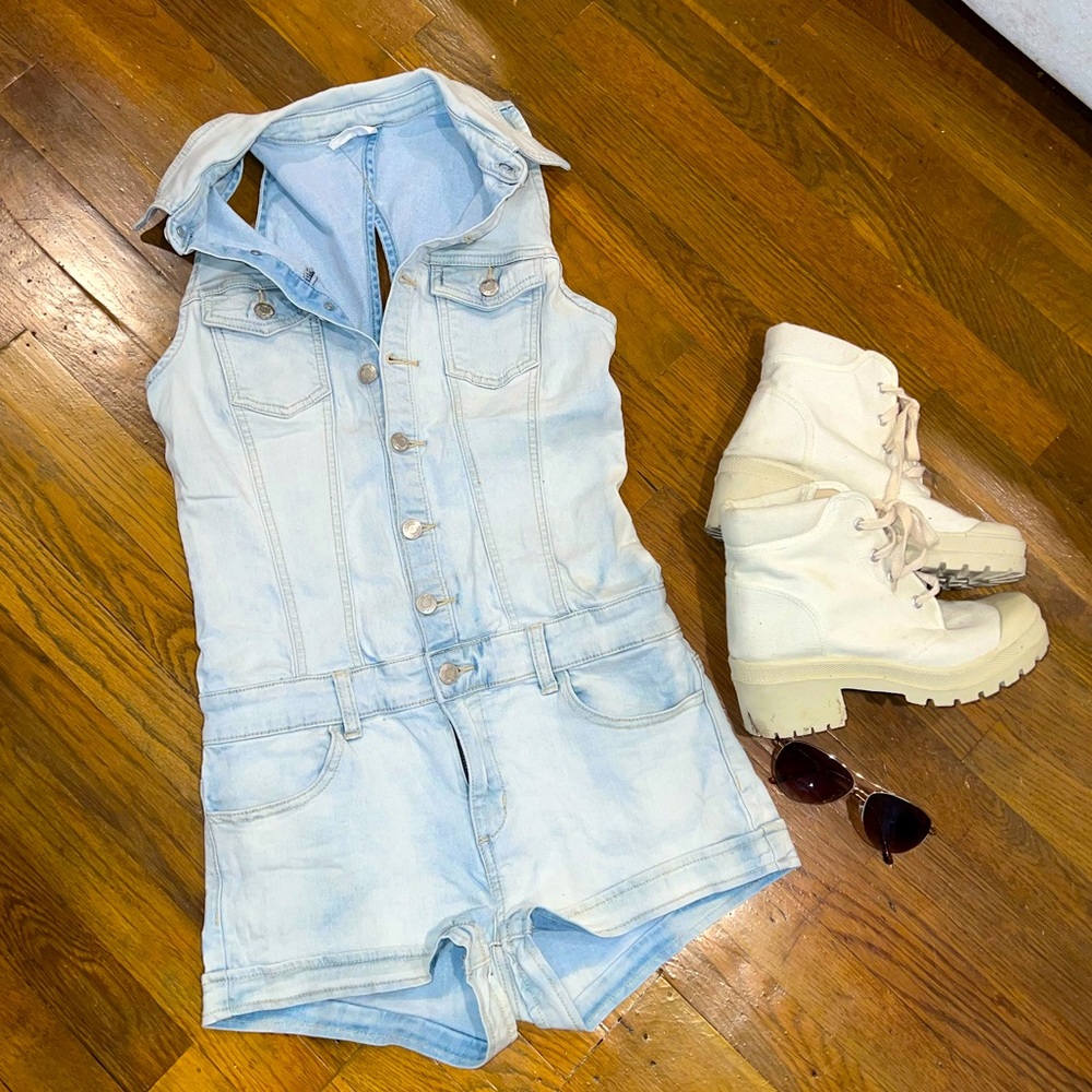 Denim Overall Collared Romper